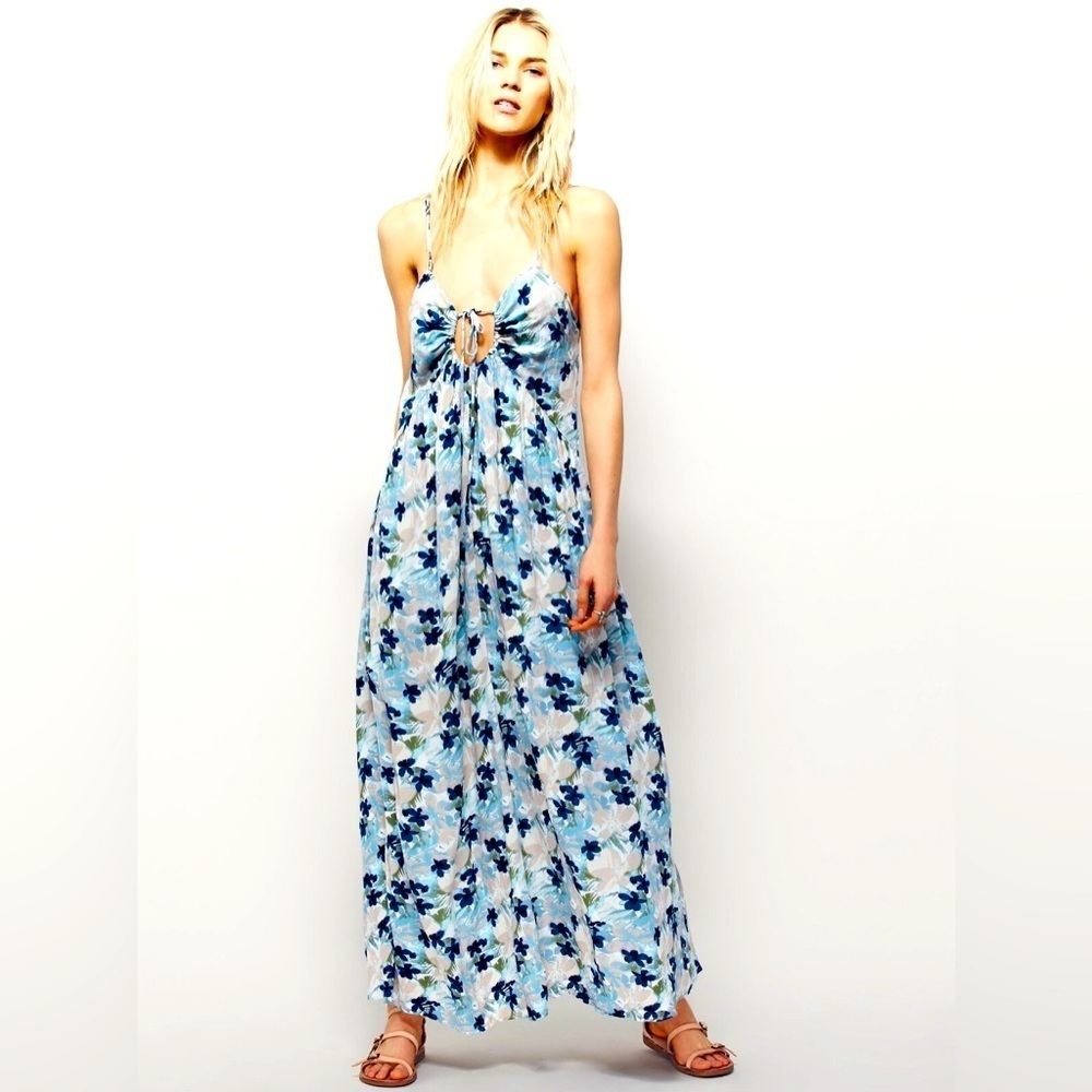 Free People - Mulberry Blue Floral Keyhole Cross Strap Lined Maxi Dress Size Med